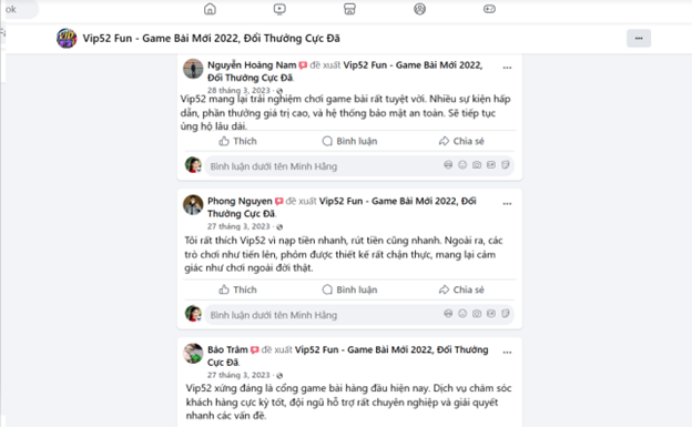 Đánh giá của người chơi Nguyễn Hoài Nam, Phong Nguyen và Bảo Trâm về Vip52