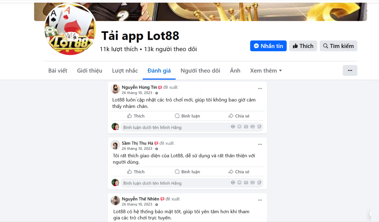 Đánh giá của người chơi Nguyễn Hùng Tín,Sầm Thị Thu Hà, Nguyễn Thế Nhiên về Lot88