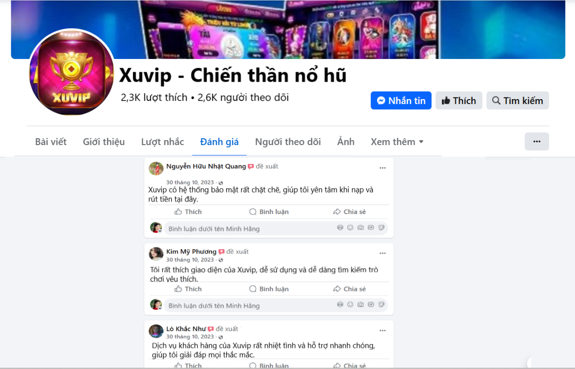 Đánh giá của người chơi Nguyễn Hữu Nhật Quang, Kim Mỹ Phương, Lò Khắc Như vè Xuvip